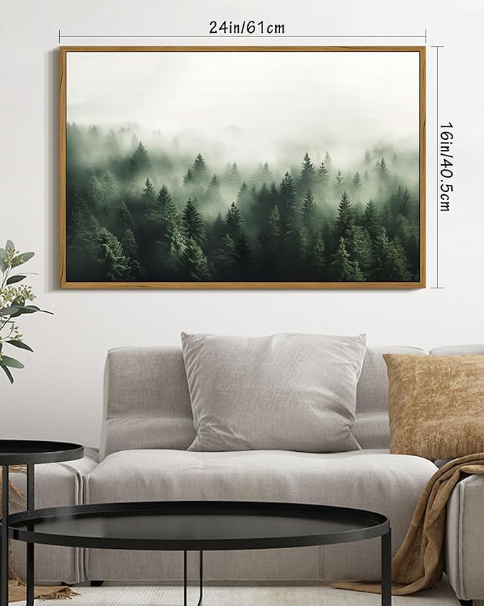 SHENIFY Green Fog Pine Tree Forest Vintage Framed Wall Art Modern Landscape Scenery Farmhouse Artwork Prints Decor for Hallway Living Room Bedroom Dining Room - 16x24in Natural Framed
