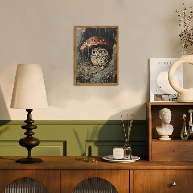 Framed Vintage Owl Canvas Wall Art, Cute Bird Mushroom Pictures Wall Decor, Cottagecore Forest Animal Paintings Prints Gothic Rustic Moody Home Decor for Living Room Bedroom Nursery 16x24 inch