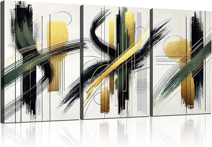 3 Pcs Framed Abstract Wall Art Modern Gallery Prints Black Green Gold Lines Canvas Painting Minimalist Poster Picture Living Room Bedroom Office Wall Decor 16x24 Inch Ready To Hang