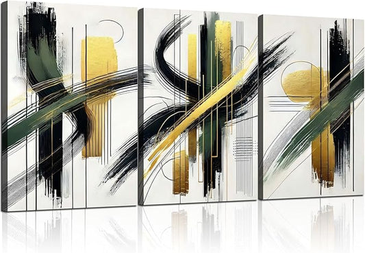 3 Pcs Framed Abstract Wall Art Modern Gallery Prints Black Green Gold Lines Canvas Painting Minimalist Poster Picture Living Room Bedroom Office Wall Decor 12x16 Inch Ready To Hang