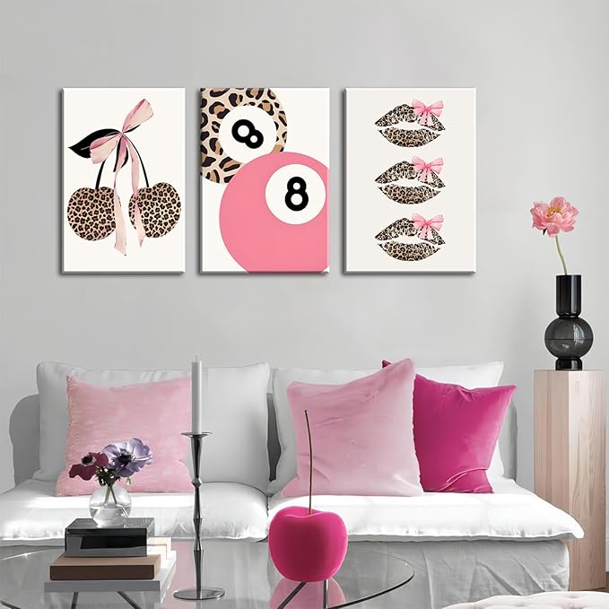 Trendy Pink Leopard Bow Canvas Wall Art Set of 3 Funky Cherry Lucky 8 Ball Posters Prints Cute Coquette Preppy Room Aesthetic Wall Decor Pictures for Girls Bedroom Apartment Dorm 12x16in
