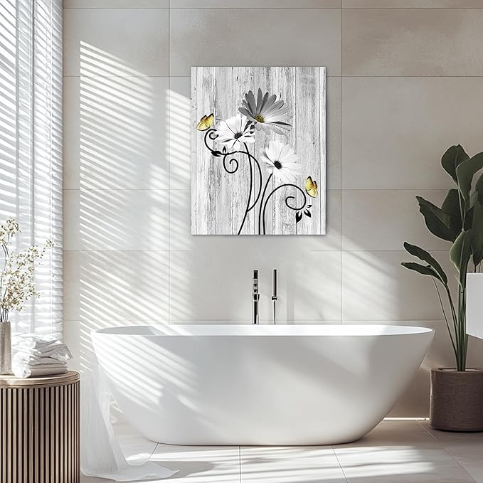 HVEST Grey Daisy Canvas Wall Art Rustic Farmhouse Gray Floral and Yellow Butterfly Bathroom Wall Decor, Vintage Flower Wall Art for Living Room Bedroom Home Office Decor, 16L x 12W Inches