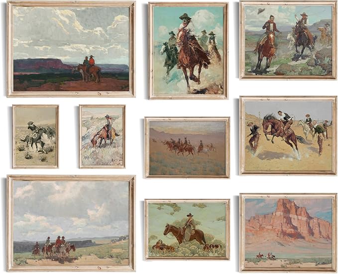 Uniro Western Decor Vintage Western Cowboy Wall Art, Farmhouse Wall Decor Cowboy Oil Painting Pictures Aesthetic, Rustic Old West Southwestern Artwork Prints for western Bedroom Bathroom Gallery decor - UNFRAMED