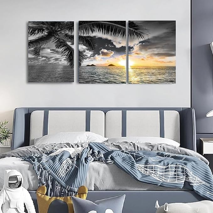 Yxbhhym Sunset Beach Canvas Wall Art Bathroom Black and White Coastal Wall Decor Ocean Prints Art Seascape Pictures Palm Painting Artwork for Living Room Bedroom Decor Office Home Decoration
