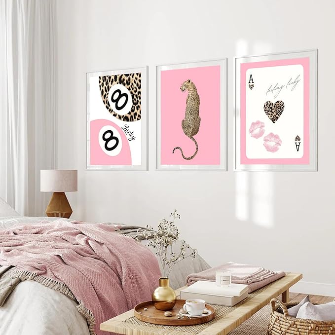 Set of 3 Trendy Pink Leopard Wall Art Cheetah Lucky 8 Ball Posters Prints Preppy Cheetah Aesthetic Wall Decor Pictures for Girly Bedroom Apartment Dorm Decoration Unframed 16x24in