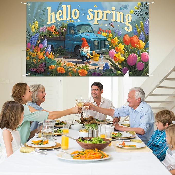 Hello Spring Backdrop 71'' x 43'' Hello Spring Banner Gnome Daisy Butterfly Backdrop Decorations for Photography Background Photo Prop Booth