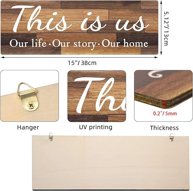 4 PCS Home Wall Decor Signs, IDATOO Rustic Wooden Living Room Hanging Decorations with Quotes THIS IS US/TOGETHER/BLESS THIS/FAMILY, Housewarming Gifts for Wedding Kitchen (Brown, 15 x 5.1 inch)