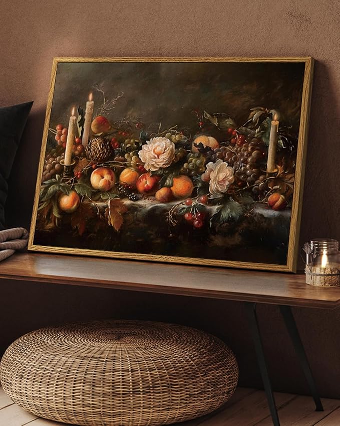 Vintage Framed Autumn Still Life Thanksgiving Wall Art 12x16 Fruits Candles Oil Painting, Rustic Classic Fall Peaches Grapes Canvas Print, Harvest Farmhouse Kitchen Dining Room Decor