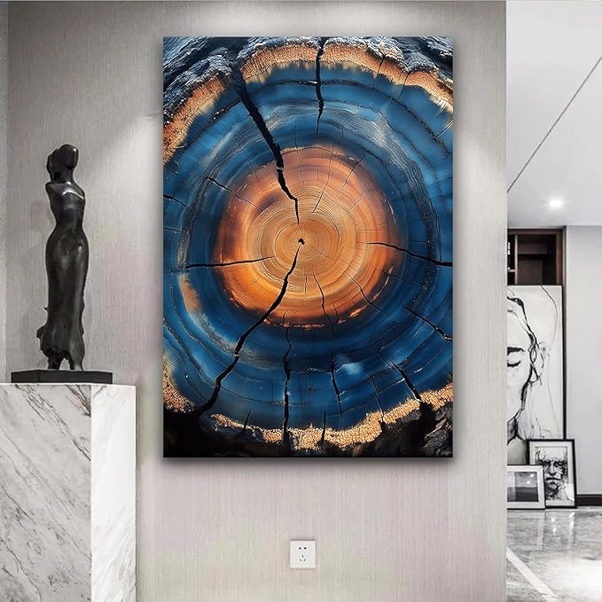 IBHJSART Framed Tree Ring Canvas Wall Art Blue Wall Art Wood Stump Painting Prints Modern Minimalist Pictures Neutral Nature Rustic Farmhouse Decor Living Room Bedroom Bathroom Office