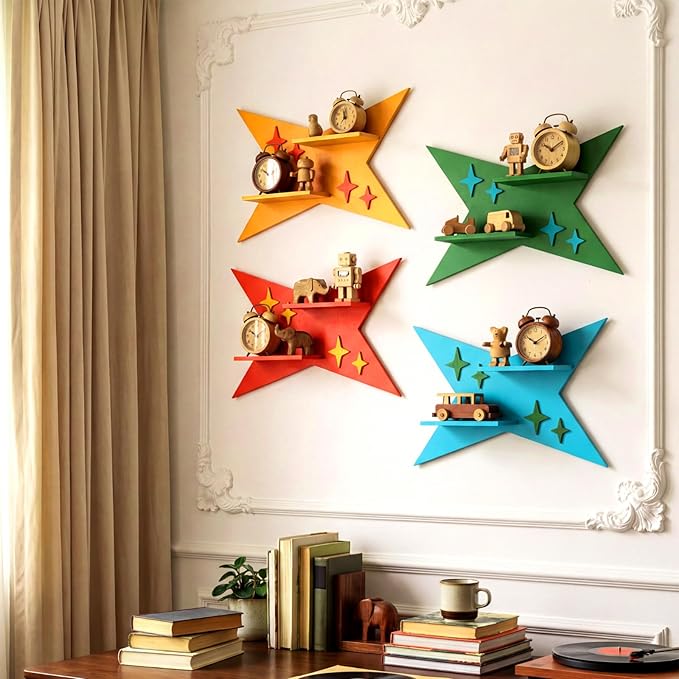 4 Pcs Mid Century Wall Decor Wooden Retro Celestial Star Shaped Burst Wall Art Mount Shelves for Aesthetic Hanging Storage Sign Decoration for Room Bedroom Party(Four-Pointed Star)