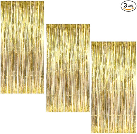 Gold Fringe Backdrop, 3 Pack Gold Foil Curtains, Party Streamers for Birthday, Wedding, Bachelorette Party Decor, Disco Party Decor