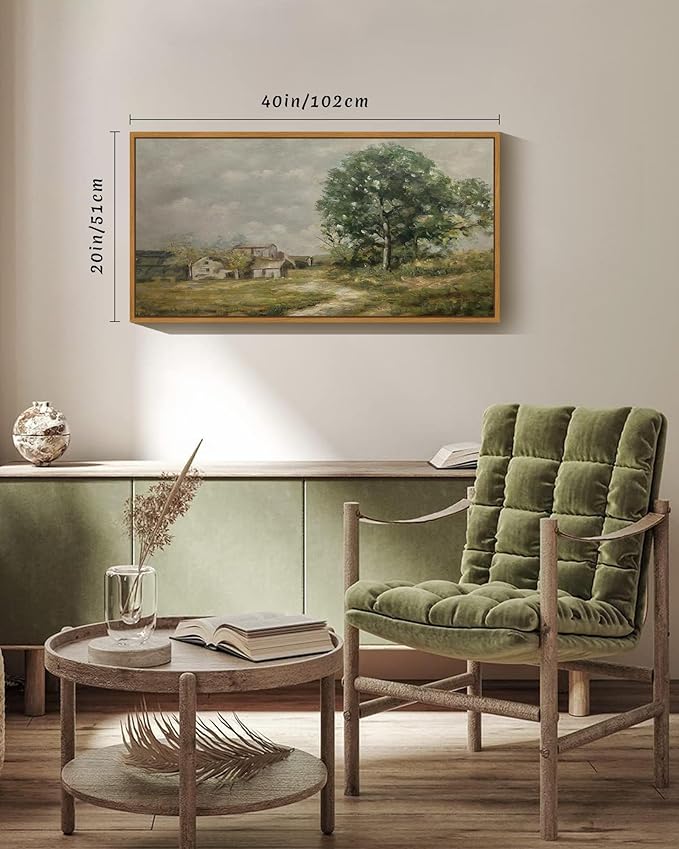 SHENIFY 20x40in Extra Large Vintage Framed Wall Art Rustic Country Road Landscape Painting Retro Countryside Scenery Farmhouse Bedroom Above of Bed Living Room Decor - Natural Framed