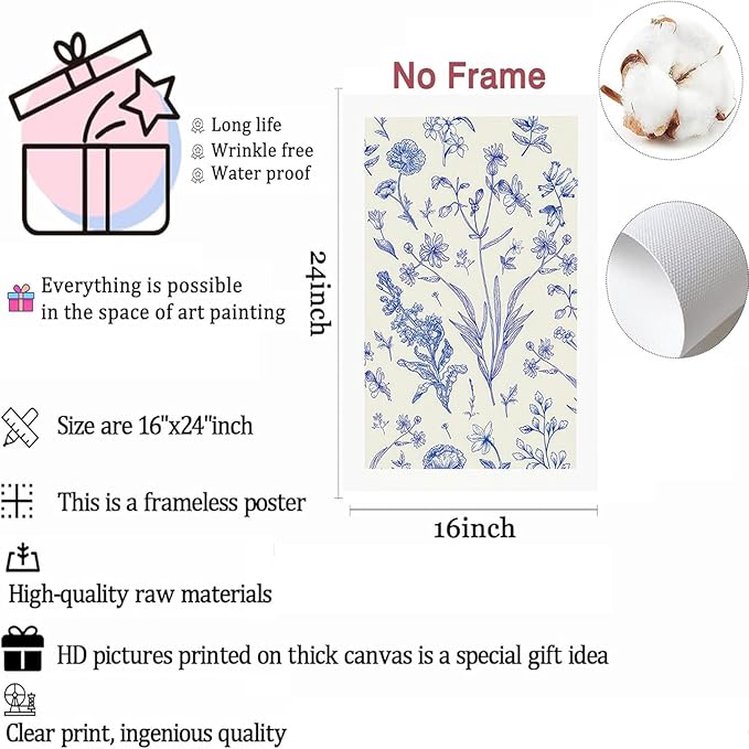 LYPHNX Blue White Chinoiserie Floral Poster Wall Art Navy Watercolor Flower Canva Painting Set of 3 Minimalist Botanical Wildflower Prints Picture Home Decor for Bedroom Living room 16"x24" UnFramed