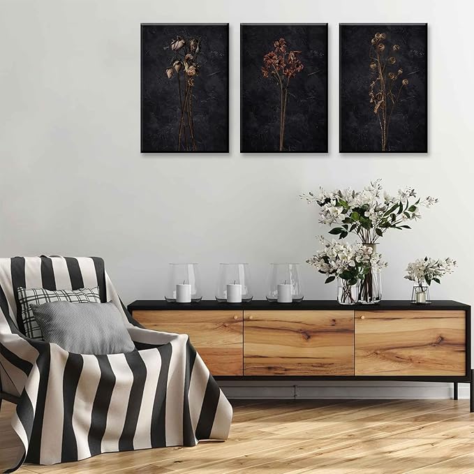 LYPHNX Framed Dark Moody Wildflowers Canvas Wall Art Black Vintage Dried Floral Wilderness Botanical Painting Poster Set of 3 Nature Prints Picture Wall decor for Living Room Bedroom Office 16"x24"