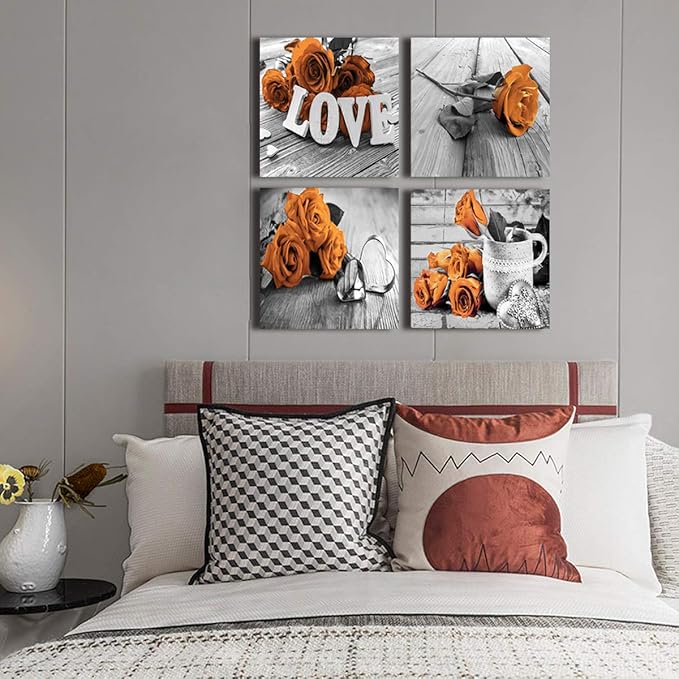 Burnt Orange Wall Art Retro Orange Flower Wall Decor for Bedroom Bathroom Rose Love Sign Canvas Print Pictures Romantic Floral Painting Modern Artwork Wood Grain Background Home Decoration 16x16” 4Pcs
