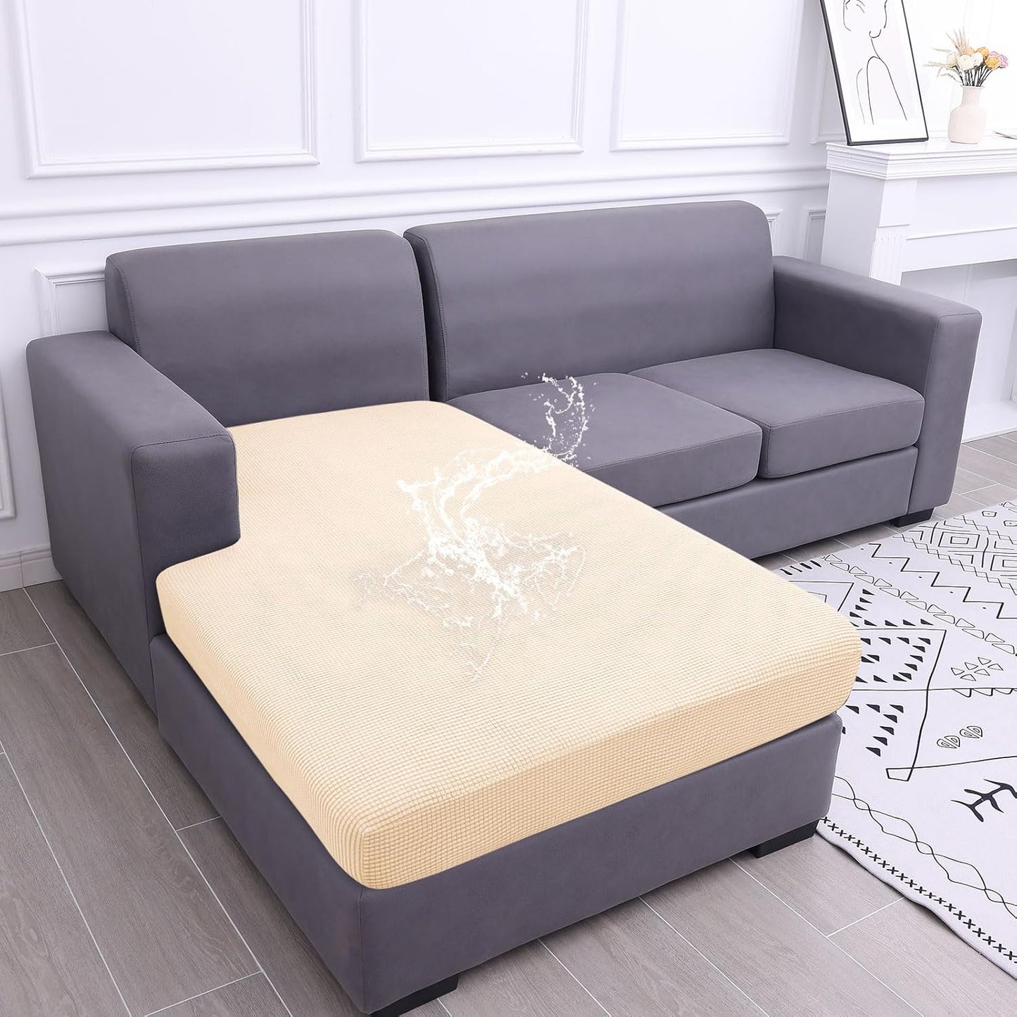 hyha Waterproof Sectional Couch Covers, Non Slip Sofa Couch Cushion Covers L Shape, Thick Stretch Jacquard Fabric, Washable Sofa Slipcovers with Elastic Bottom (1 Piece for Chaise XL, Beige)