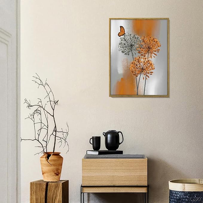 LB Orange Dandelion Framed Wall Art with Butterfly - Modern Orange Grey Canvas Wall Art for Home Contemporary Aesthetic Wall Decor for Home, Ready to Hang 17x12 Inch, Living Room Bedroom Bathroom Decor