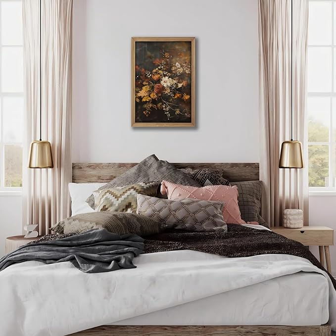 Framed Vintage Moody Floral WallArt Fall Wildflower Canvas Painting,Dark Botanical Picture Poster Print With Wood Frame Wall Decor for LivingRoom Bedroom Bathroom16X24In