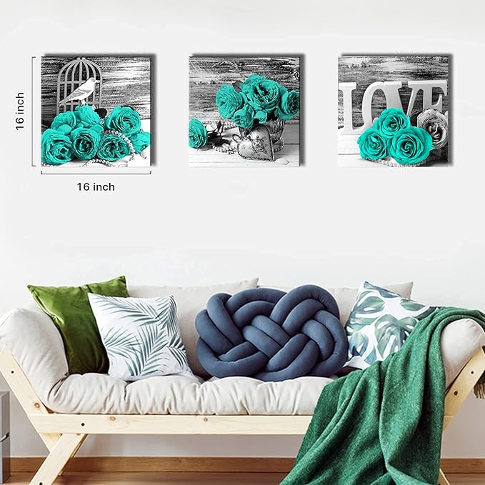Turquoise Wall Art Teal Kitchen Wall Decor Black and Grey Rose Flower Pictures Bedroom Bathroom Accessories Floral Theme Canvas Prints Paintings Love Artwork Romantic Poster Home Decorations 16x16” 3P