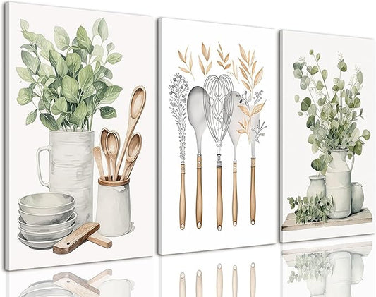 AOYUSMO 3 Piece Canvas Wall Art Kitchen Wall Art Sage Green Pictures Botanical Paintings Farmhouse Artwork Eucalyptus Nature Art Prints for Dining Room 16"x24"