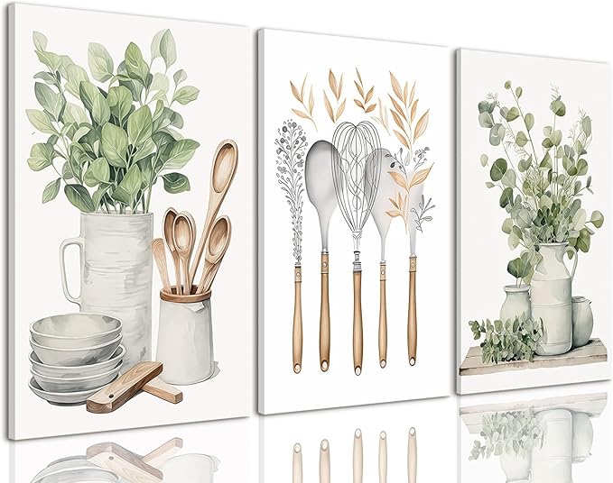 AOYUSMO 3 Piece Canvas Wall Art Kitchen Wall Art Sage Green Pictures Botanical Paintings Farmhouse Artwork Eucalyptus Nature Art Prints for Dining Room 12"x16"
