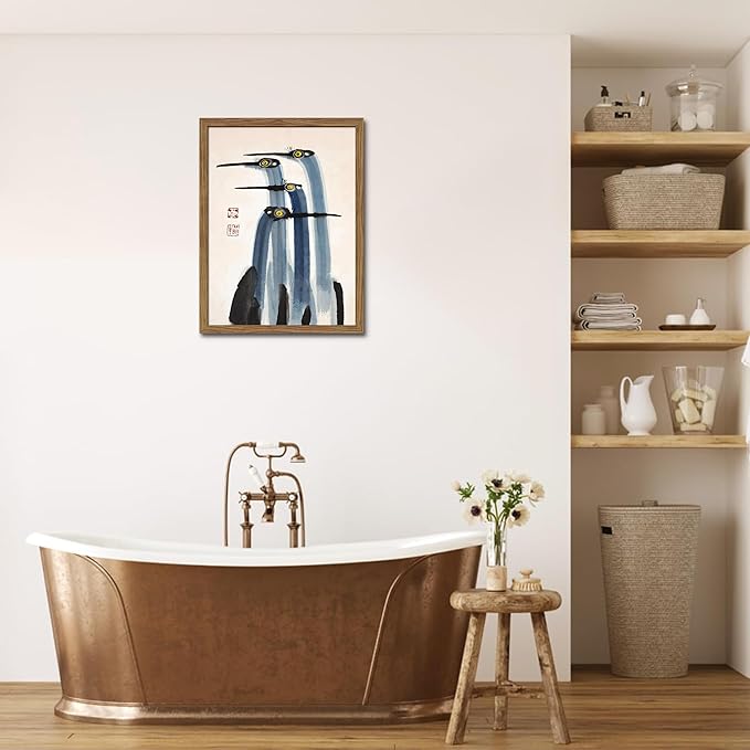 Framed Vintage Canvas Wall Art, Elegant Ink Cranes Painting, Antique Watercolor Prints, Classic Chinese Style Bird Artwork, Farmhouse Wall Decor for Living Room Study Office – 16x24 inch