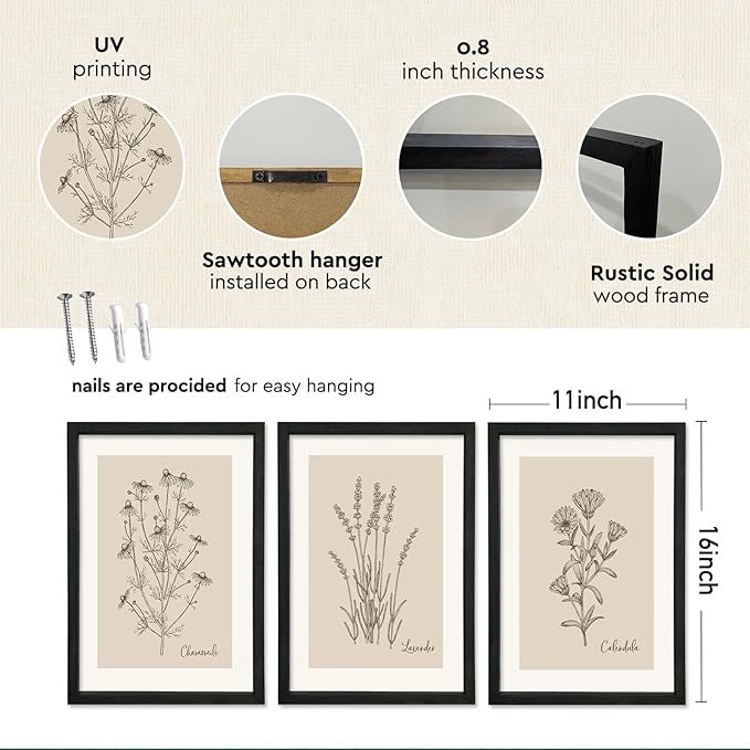 YWJKWLGS Framed Vintage Botanical Wall Art Set of 3, Black Wood Frame Wildflower Prints, Minimalist Rustic Farmhouse Decor, 11x16 inch Art for Living Room Bedroom Office