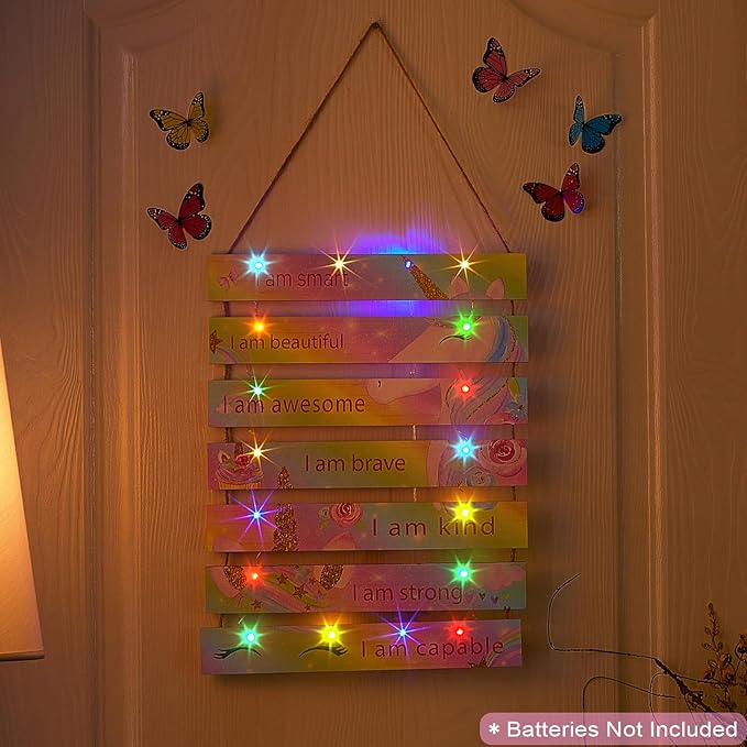 FIOBEE Girls Room Décor for Teen Girls Boys with LED Light Wall Decor for Bedroom Motivational Inspirational Wall Art Girl Room Decoration for Kids Studyroom, 8 Kinds of Lights, Rainbow Unicorn