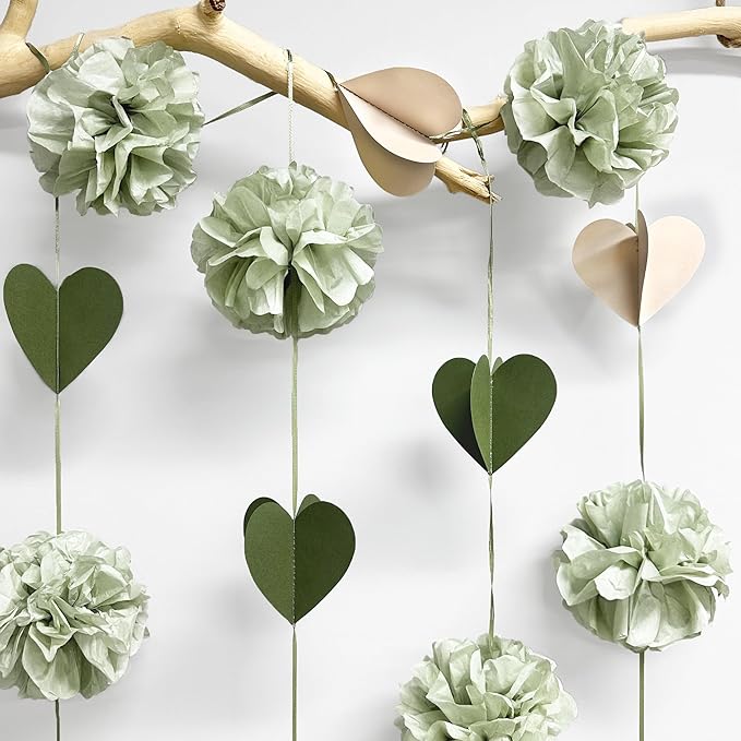 Sage Green Party Decoration Tissue Flowers Pom Pom with 3D Heart Hanging Paper Garland Banner Streamer for Birthday Baby Shower Wedding Valentines Day Woodland Neutral Themed Party Home Decor Supplies