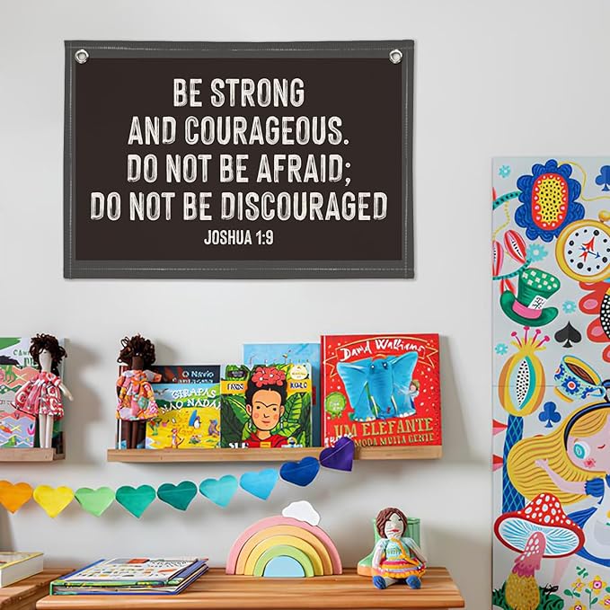 Christian Wall Art, Be Strong and Courageous Bible Verse Banner, Inspirational Linen Canvas Banner Wall Hanging Decor for Toddler Boys Room Nursery Playroom, Religious Gift for Kids
