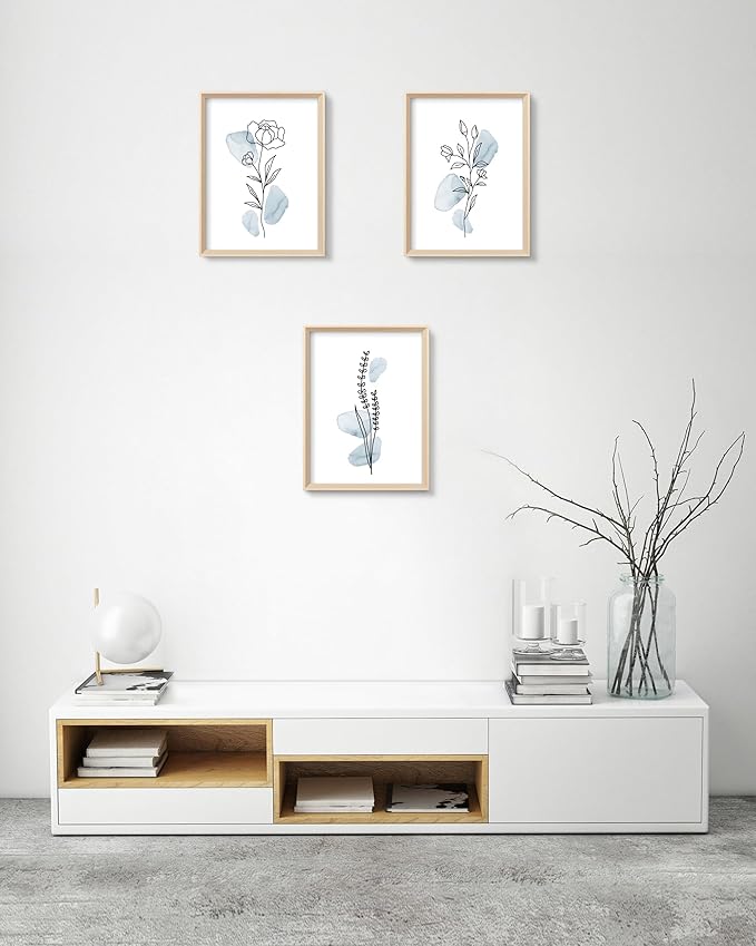 HesenDot Framed Blue Floral Canvas Wall Art,Minimalist Botanical Wall Art Decor,12x16IN Wood High Framed Prints,Boho Flowers Artworks Prints Posters for Living Room,Kitchen,Bedroom Set of 3