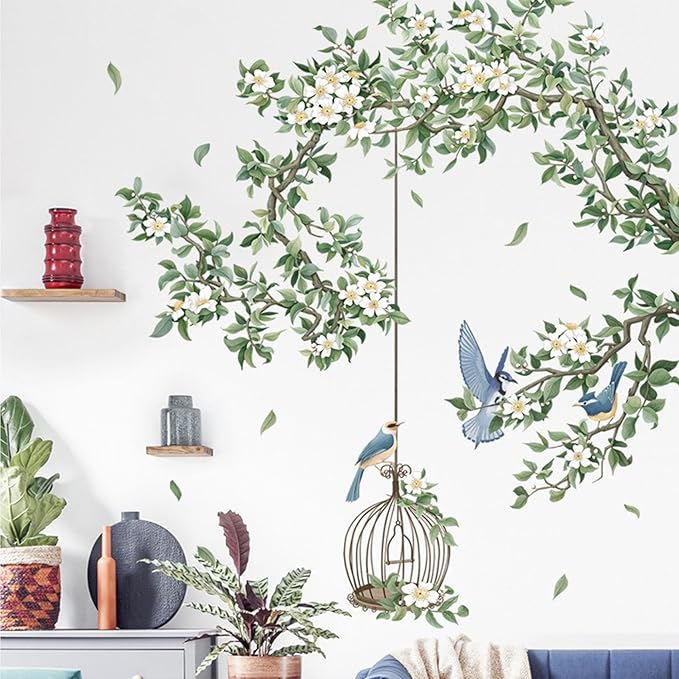 White Flower Wall Stickers, Removable DIY Romantic Cherry Blossom Tree Wall Murals Peel and Stick Wall Art Stickers Home Decor for Gilrs Bedroom Nursery Rooms Living Room