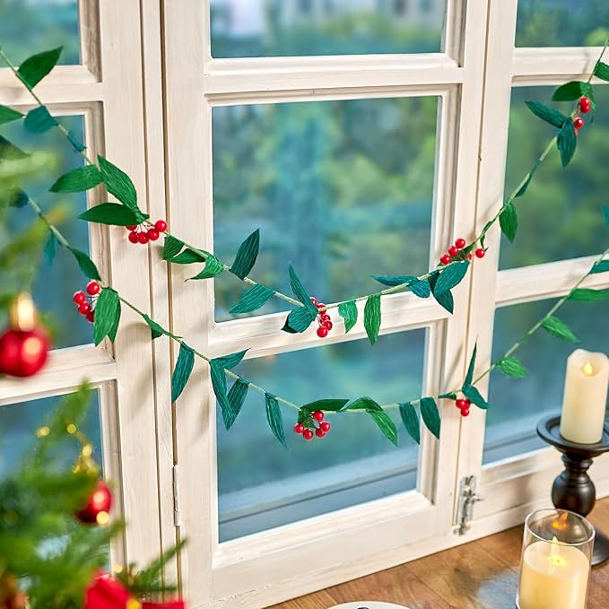 Christmas Banner Garlands 2 Pcs, with Handcrafted Paper Leaves and Decorative Red Berries, Paper Greenery Garland Banner for Xmas Indoor Home Office Decorations