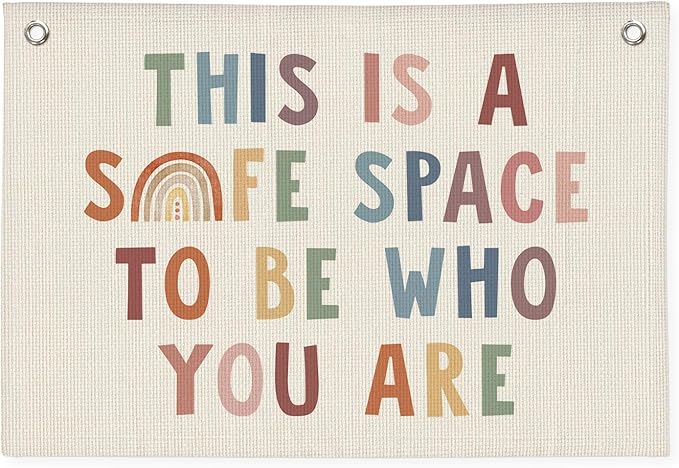 Boho Classroom Decor, This Is A Safe Space Wall Hanging Banner, Therapy Office Wall Linen Wall Hanging Banner Flag Decor for Counseling Office Calming Corner