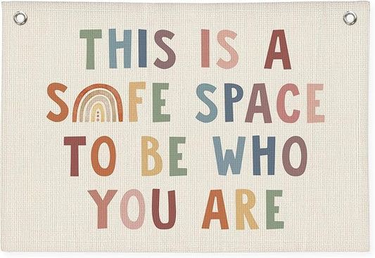 Boho Classroom Decor, This Is A Safe Space Wall Hanging Banner, Therapy Office Wall Linen Wall Hanging Banner Flag Decor for Counseling Office Calming Corner