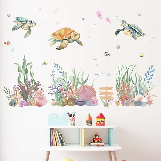 Ocean Sea Turtle Wall Decals - Under The Sea Marine Theme Seaweed Grass Wall Stickers - Baby Nursery Kids Bedroom Daycare Bathroom Wall Decor