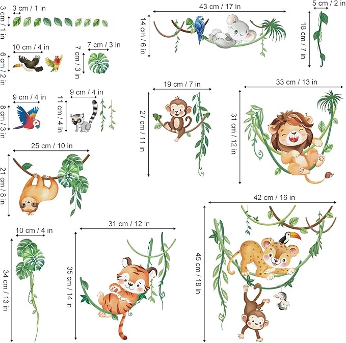 wondever Jungle Animals Climbing Tree Wall Stickers Lion Koala Tiger Monkey Peel and Stick Wall Art Decals for Baby Nursery Kids Bedroom Living Room