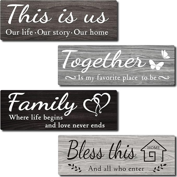 4 PCS Home Wall Decor Signs, Rustic Wooden Living Room Hanging Decorations with Quotes THIS IS US/TOGETHER/BLESS THIS/FAMILY, Housewarming Gifts for Wedding Kitchen