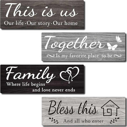 4 PCS Home Wall Decor Signs, Rustic Wooden Living Room Hanging Decorations with Quotes THIS IS US/TOGETHER/BLESS THIS/FAMILY, Housewarming Gifts for Wedding Kitchen