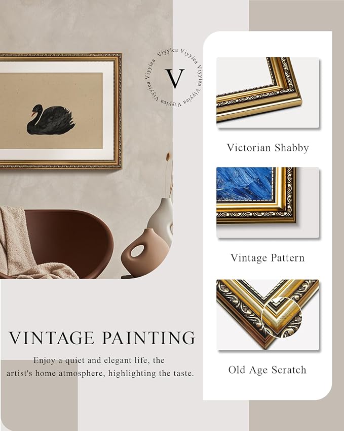 VIYYIEA Gold Framed Black Swan Vintage Canvas Wall Art, Elegant Wildlife Decor for Living Room or Office | Lightweight No Glass Design, Zero-Glare Textured Finish | 16x20 Inch