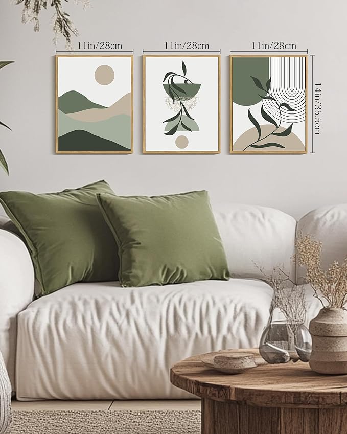 Drsoum Green Botanical Boho Wall Art Framed Modern Sage Bohemian Plant Wall Decor Abstract Geometry Lines Artwork Hallway Bedroom Prints Ready to Hang 11x14in Natural Framed