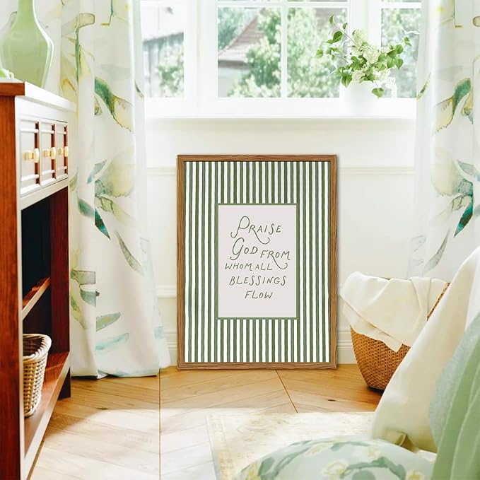 Framed Christian Wall Art, Praise God From Whom All Blessings Flow Scripture Pictures Wall Decor, Sage Green Striped Bible Verse Paintings Canvas Prints Religious Home Decor for Living Room 16x24 inch