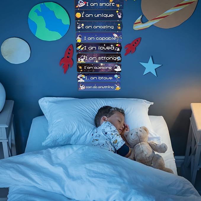 Chunful Set of 9 Boys Room Bedroom Decor Boys Inspirational Wall Decor Wood Hanging Plaque Motivational Kids Bedroom Wall Sign for Kids Teenage Toddler(Space)