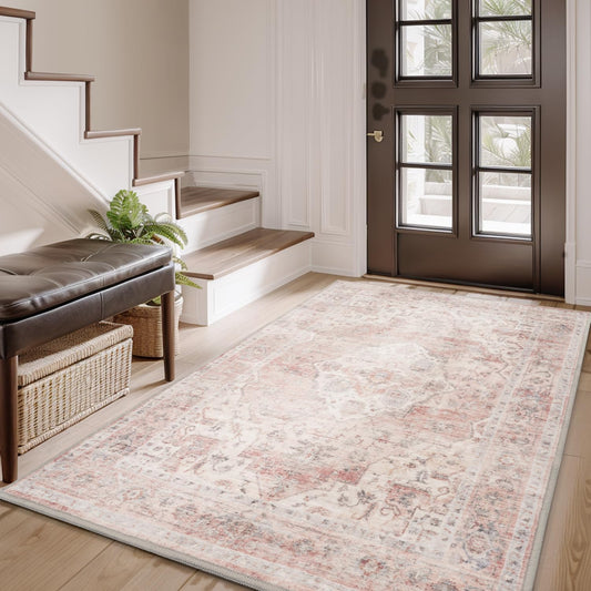 AMOAMI-3X5 Area Rug-Soft Washable Vintage Throw Accent Rugs for Living Room, Entryway, Bedroom, Kitchen, Bathroom, Laundry Room, Kitchen, Bathroom, Bedside, No Slip Pink