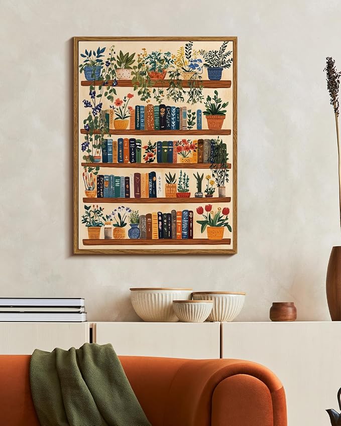 Vintage Botanical Book Shelf Framed Canvas Wall Art, 12x16 Colorful Plants Books Painting, Retro Library Reading Gift, Modern Home Décor for Living Room Study Office