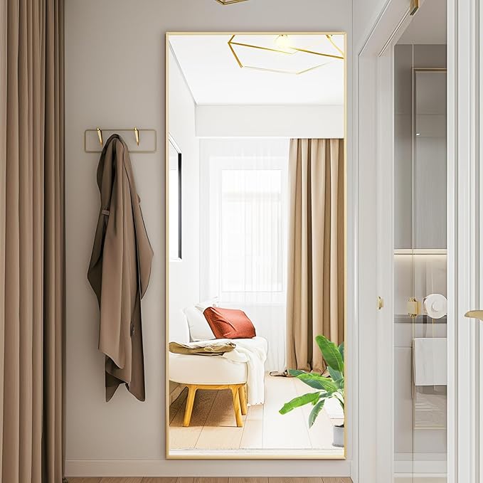 DUMOS Full Length Mirror with Stand 64"x21" Floor Standing Aluminum Frame for Bedroom Body Hanging Leaning Modern Simple Home Decor Shatter-proorf Nano Glass Wall Living Room Cloakroom Gold