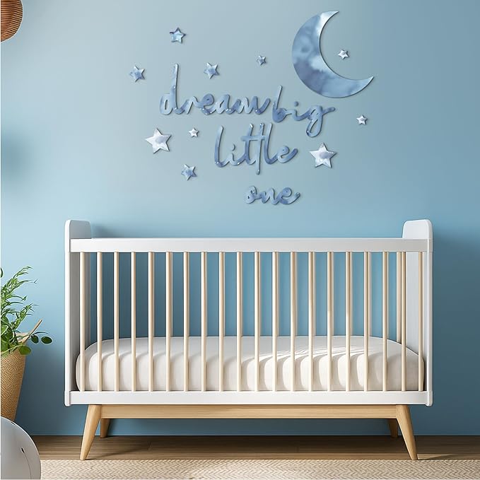 15 Pcs Moon and Stars Nursery Decor Dream Big Little One Wall Decor Boho Neutral Babyroom Wall Art Nursery Sign for Boys Girls Bedroom Home Farmhouse Living Playroom (Blue)