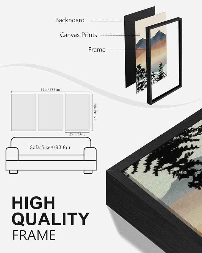 Drsoum Mountain Range Landscape Wall Art Framed Ink Wash Watercolor Nature Wall Decor Laker Sun Rises Prints Bedroom Living Room Ready to Hang 24x36in Black Framed