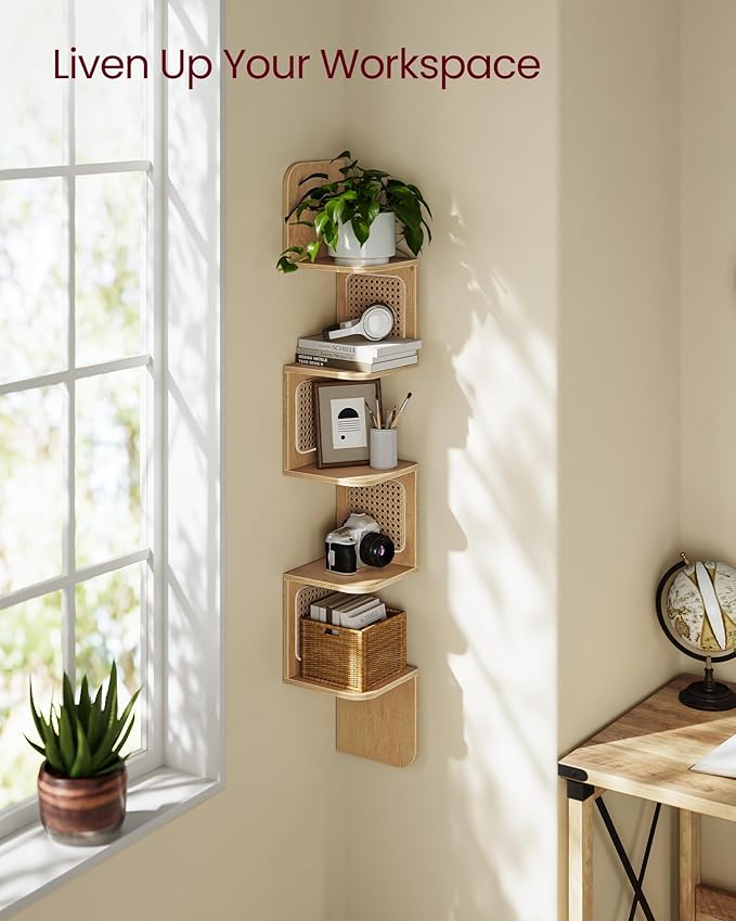 VASAGLE 5-Tier Corner Shelf, Wall Mounted Floating Shelf, Zigzag Corner Shelf Unit, PVC Rattan Sides, Space-Saving, for Kitchen, Living Room, Bedroom, Boho Style, Oak Beige ULLS582YC01S