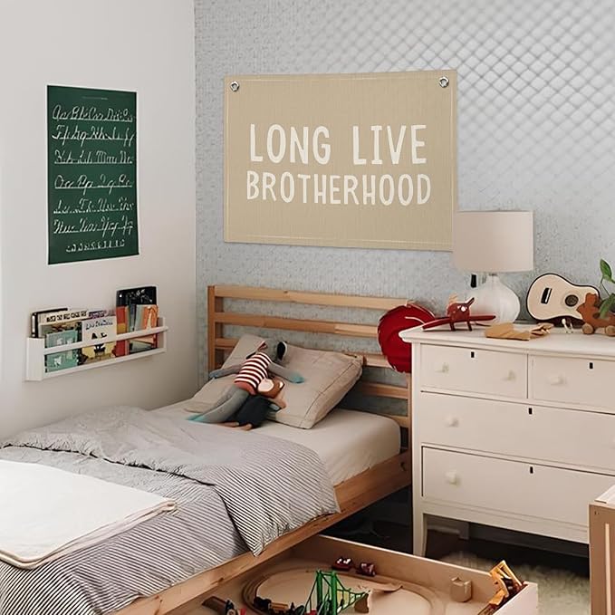 Brotherhood Nursery Decor - Long Live Brotherhood Stonewashed Linen Banner for Baby Boy Shower Gift, Toddler Room & Boys Adventure Bedroom - Brother Bond Wall Art 20x30 Inch